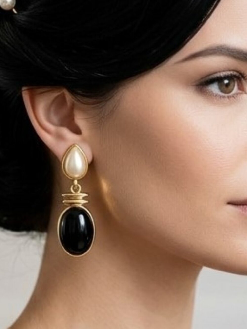 Black Cabochon and Pearl Stud Pierced Earrings